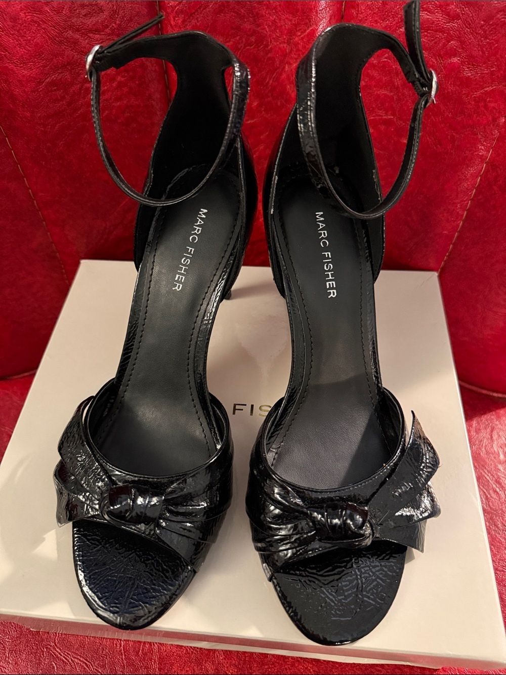 Marc Fisher Brodie Black Patent Bow Heels Size 10M NIB Open Toe Pumps